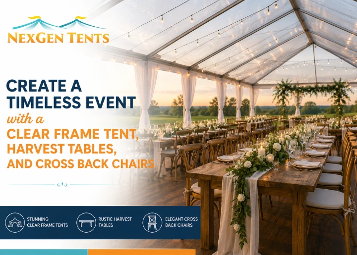 Create a Timeless Event with a Clear Frame Tent, Harvest Tables, and Cross Back Chairs
